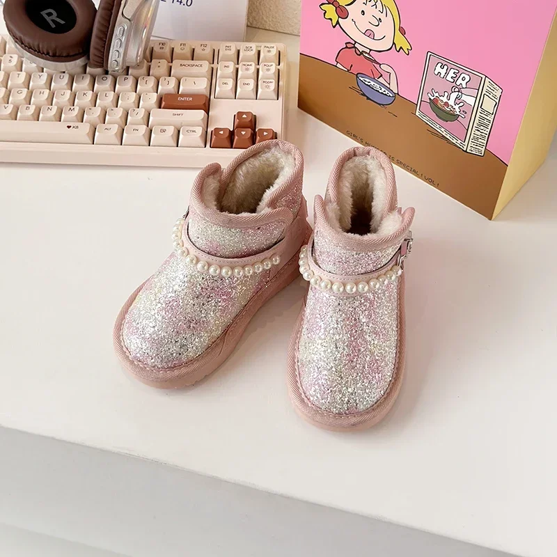 Зимние Ботинки Детские 2024 New Children Shoes Shiny Upper Soft Sole Girl Sneakers Waterproof Winter Cotton Inserts Snow Boots