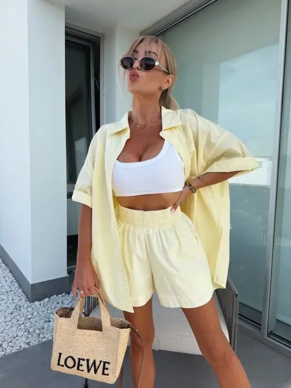 Cross border European and American summer lazy style vacation loose shirt and shorts set