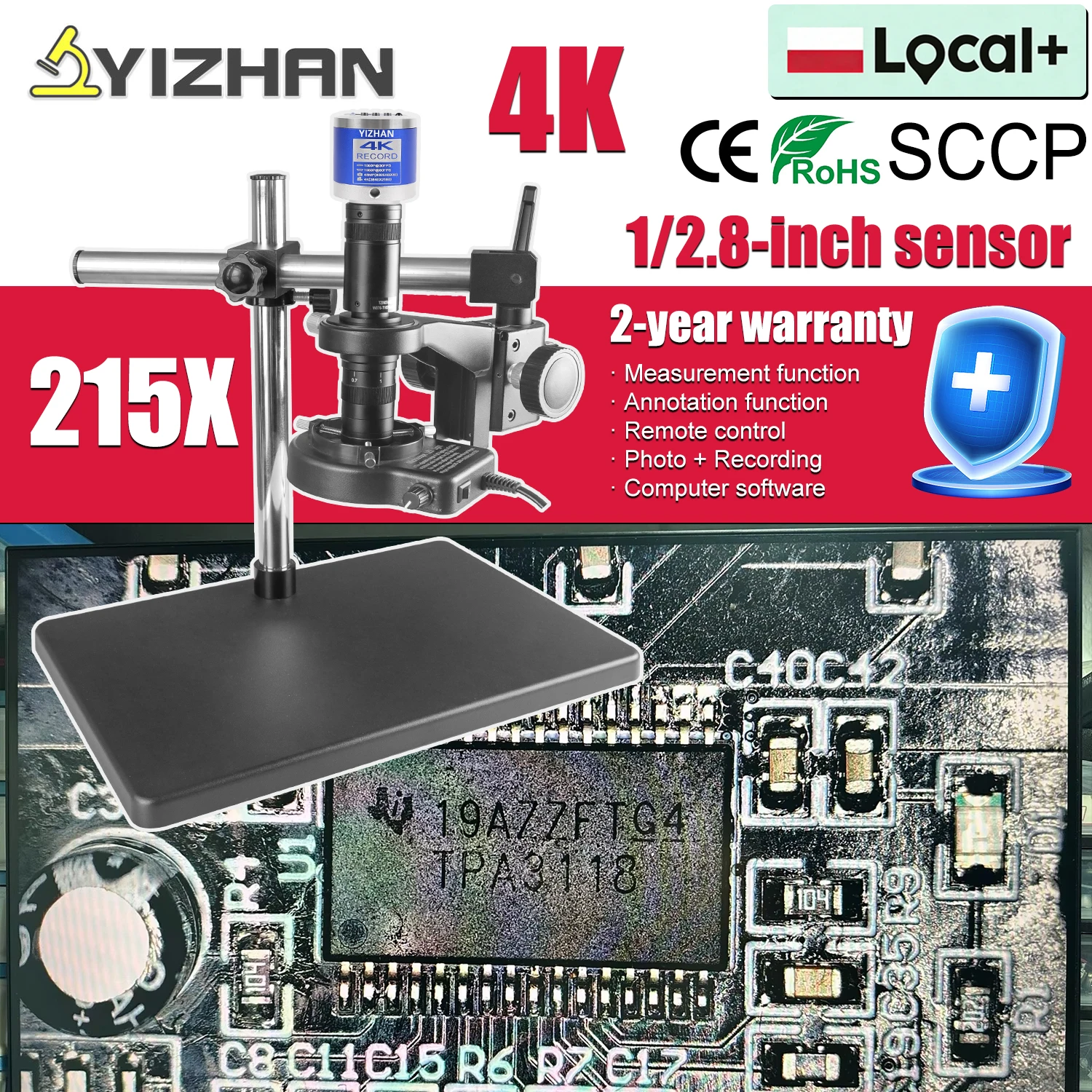 YIZHAN Volles 4K-Digitalmikroskop für Elektronik, 215-faches Zoomobjektiv, 1/2,8 Zoll IMX415-Sensor, HDMI-USB-Kamera mit Messsoftware