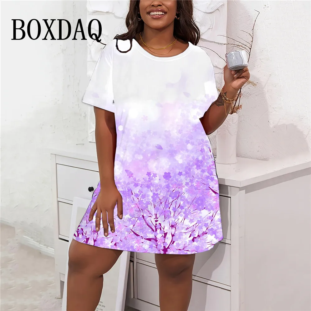 Summer Plus Size Dresses 9XL Women Plant Flowers Purple 3D Print Short Sleeve Loose Dress Sundress Casual Vintage A-Line Dress