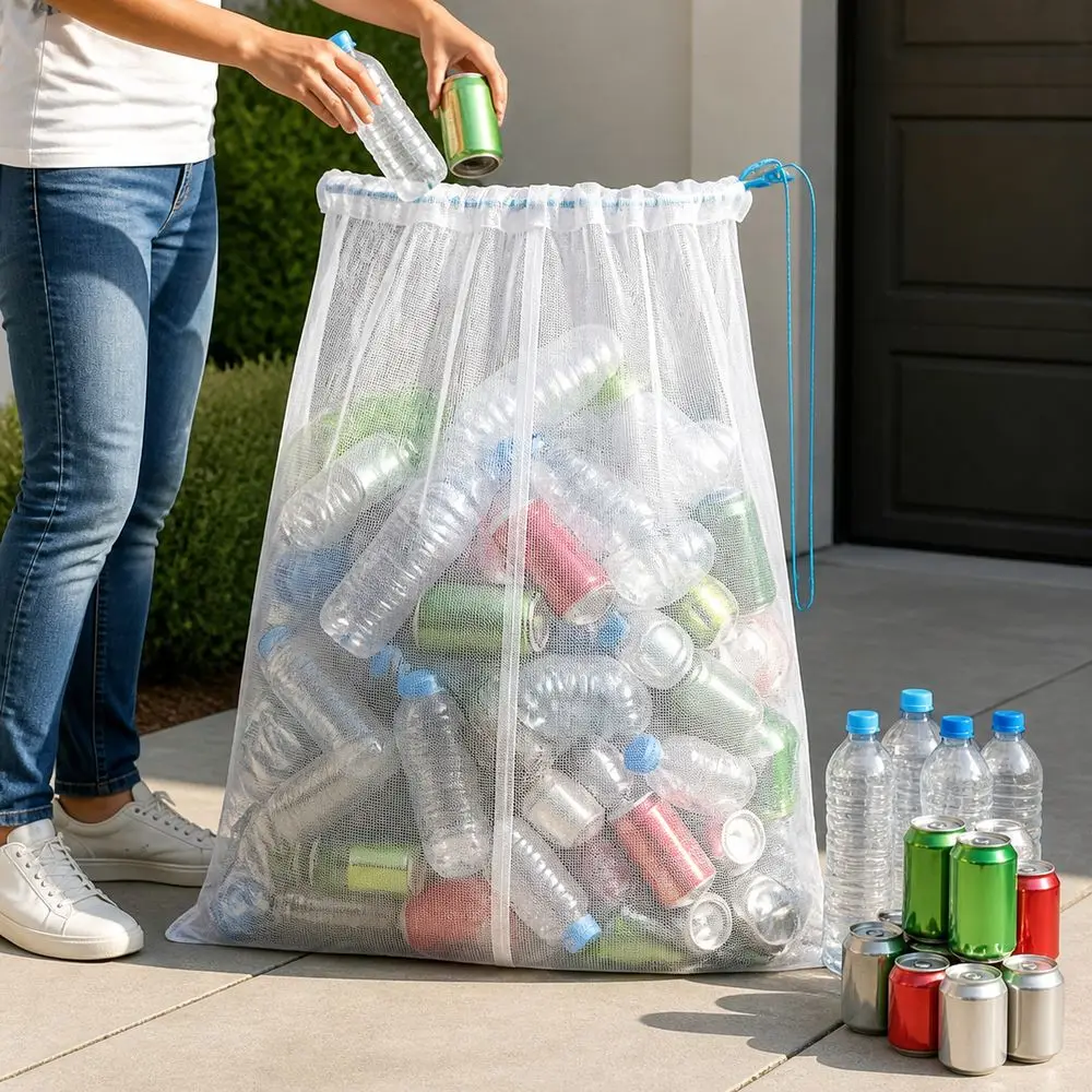 Polyester Bottle Bag Thickened Construction Drawstring Closure Mesh Recycling Bag Reinforced Mesh Plastic Bottle Recycling