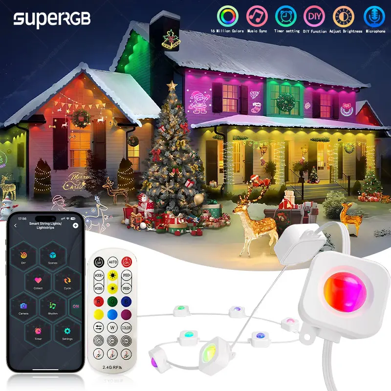 100FT 60LEDs Permanent Outdoor Eaves LED Lights Bluetooth，Waterproof RGB String Lights for DIY Christmas Birthday Holiday Party