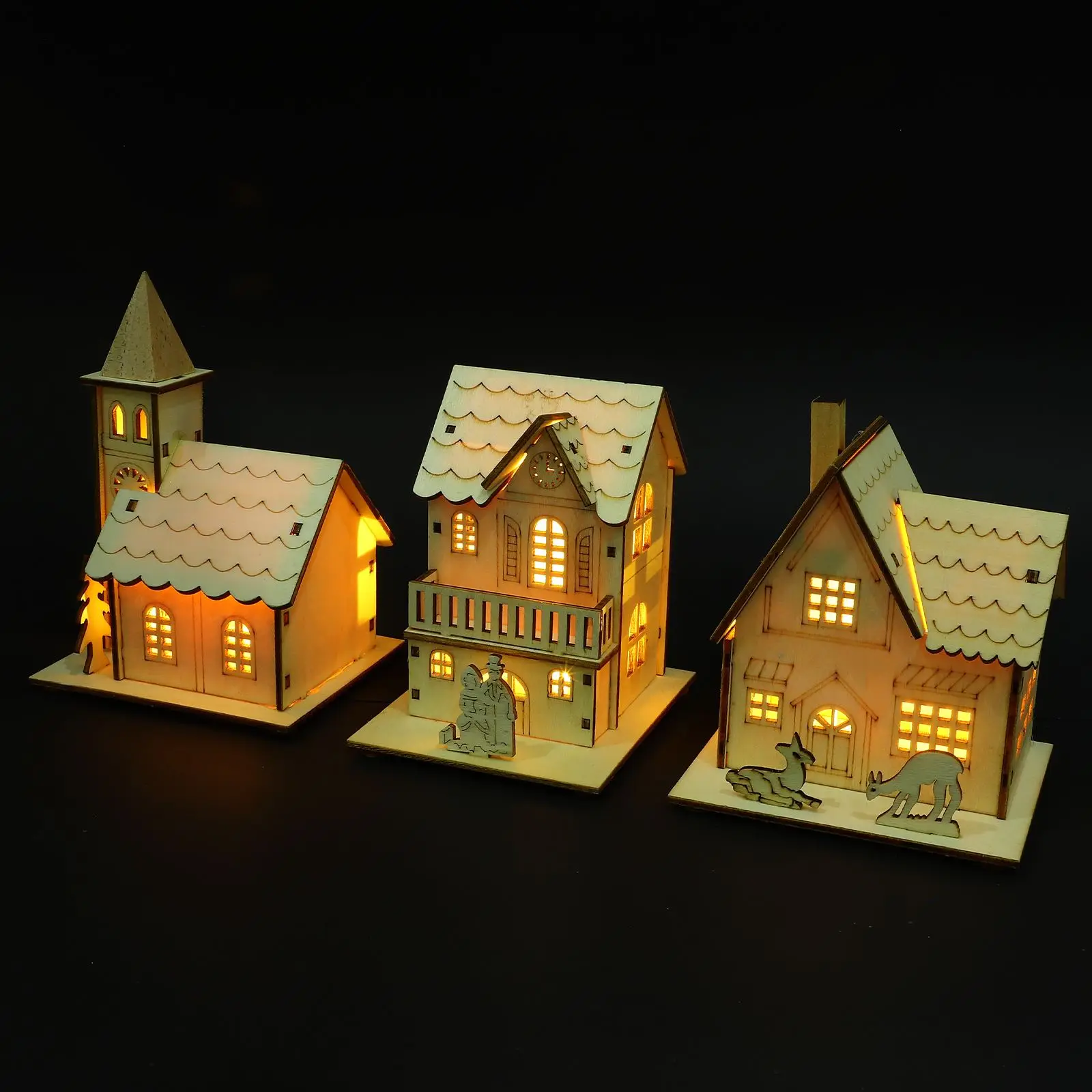 3pcs Christmas Led Light Wood House Christmas Tree Decorations For Home Decoration Wooden House DIY Gift Window Decoration ﻿