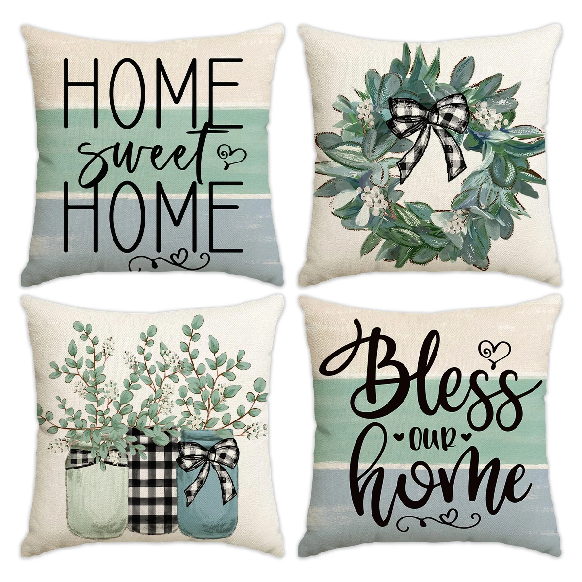 Farmhouse Throw Pillow Covers Set of 4 Home Sweet Home Eucalyptus Wreath Cushion Case 18x18
