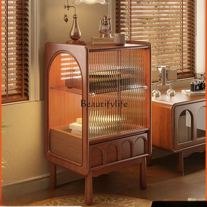

FG40French retro solid wood living room storage side cabinet glass display cabinet