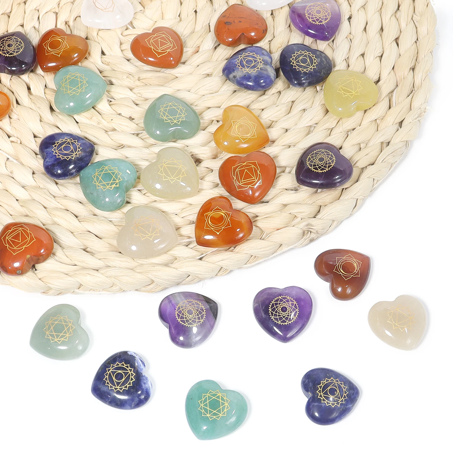 12Pcs Natural Stone Heart Ornament 25mm 7 Chakra Symbols Reiki Energy Divination Healing Spiritual Balancing Crystal Decor