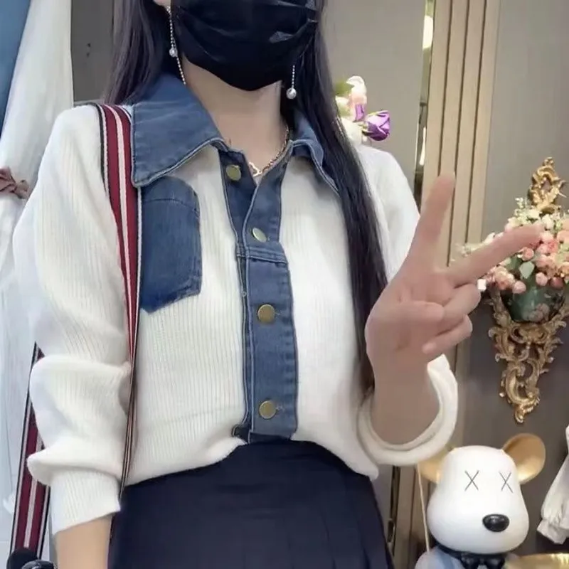 

New Arrival Autumn Women Casual Cotton Denim Pockets Patchwork Knitted Cardigan Turn-down Collar Single Breasted Sweater V135