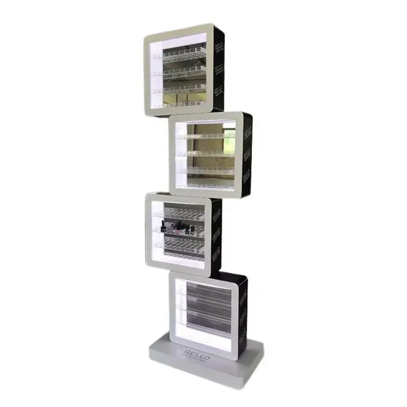 The display stand of the cosmetics store features nail polish racks and wooden acrylic light-emitting diode lamps.