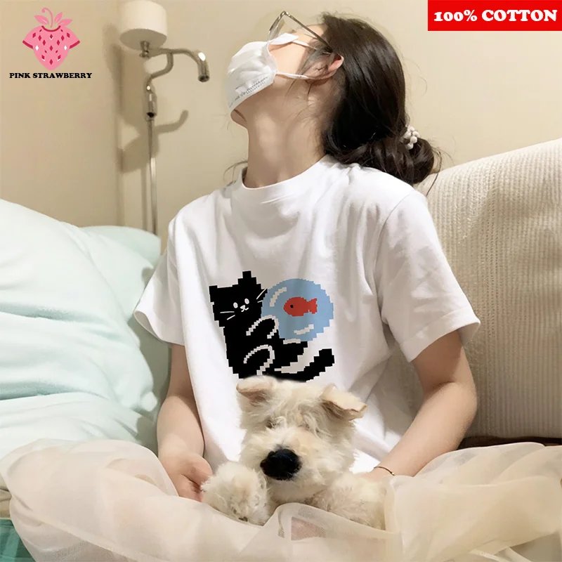 

Cartoon Cat Print T-shirt Women Summer 2025 New 100% Cotton Korean style short sleeves Casual Loose Tee Y2k Tops kawaii clothes