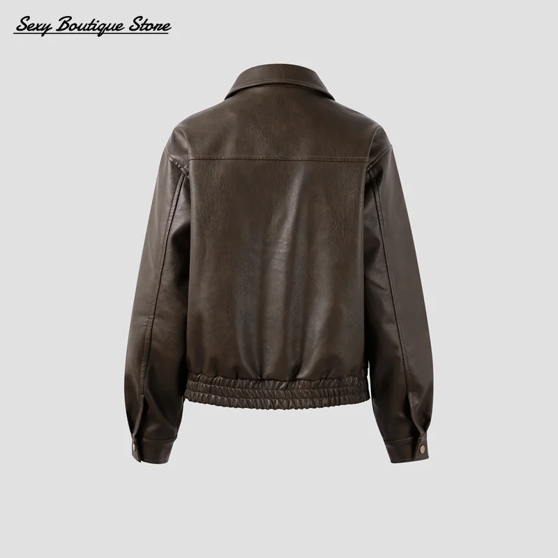 ผู้หญิงวินเทจหนังแจ็คเก็ตแขนยาวกระเป๋าหนังซิปCOMMUTER Outwears 2025 ใหม่Y2k Lady Streetwear
