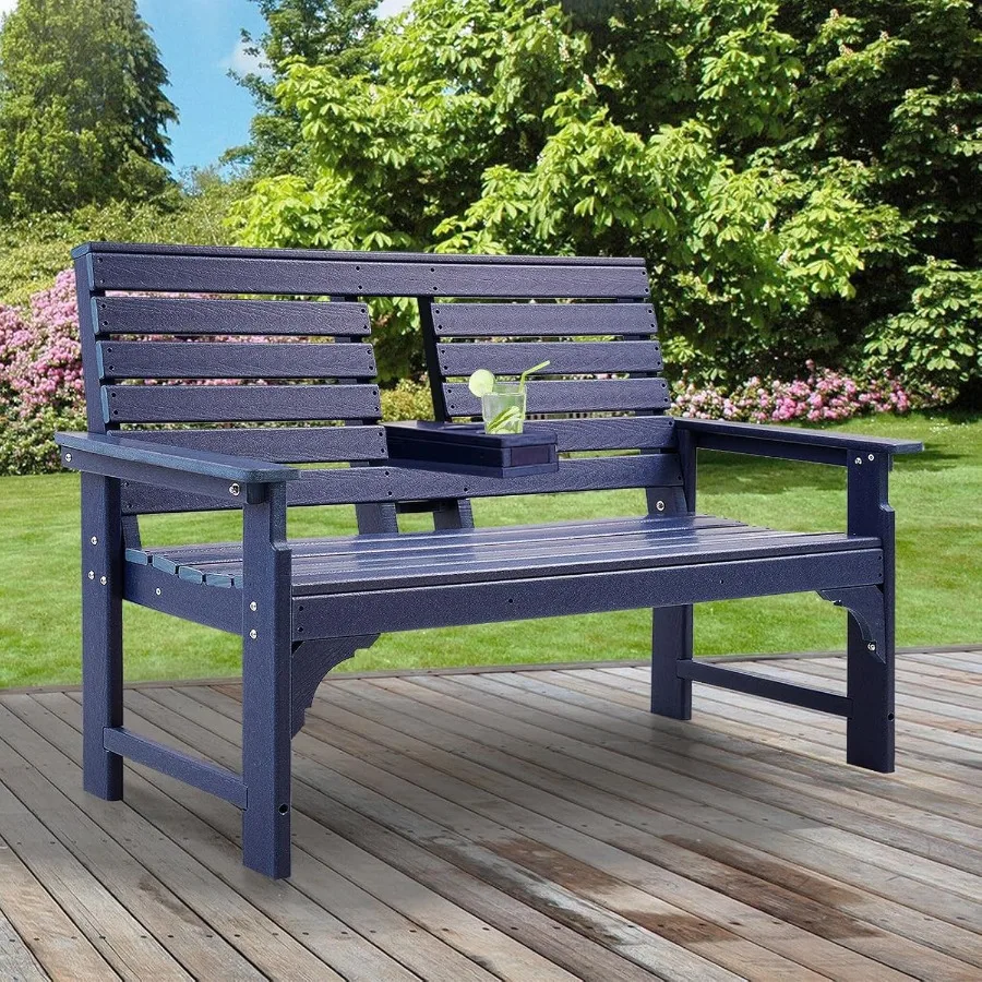 Outdoor Bench Weatherproof HDPE 2Person Garden Bench with Cup Holders Bench Furniture with Backrest and Armrests 700 lbs Capaci