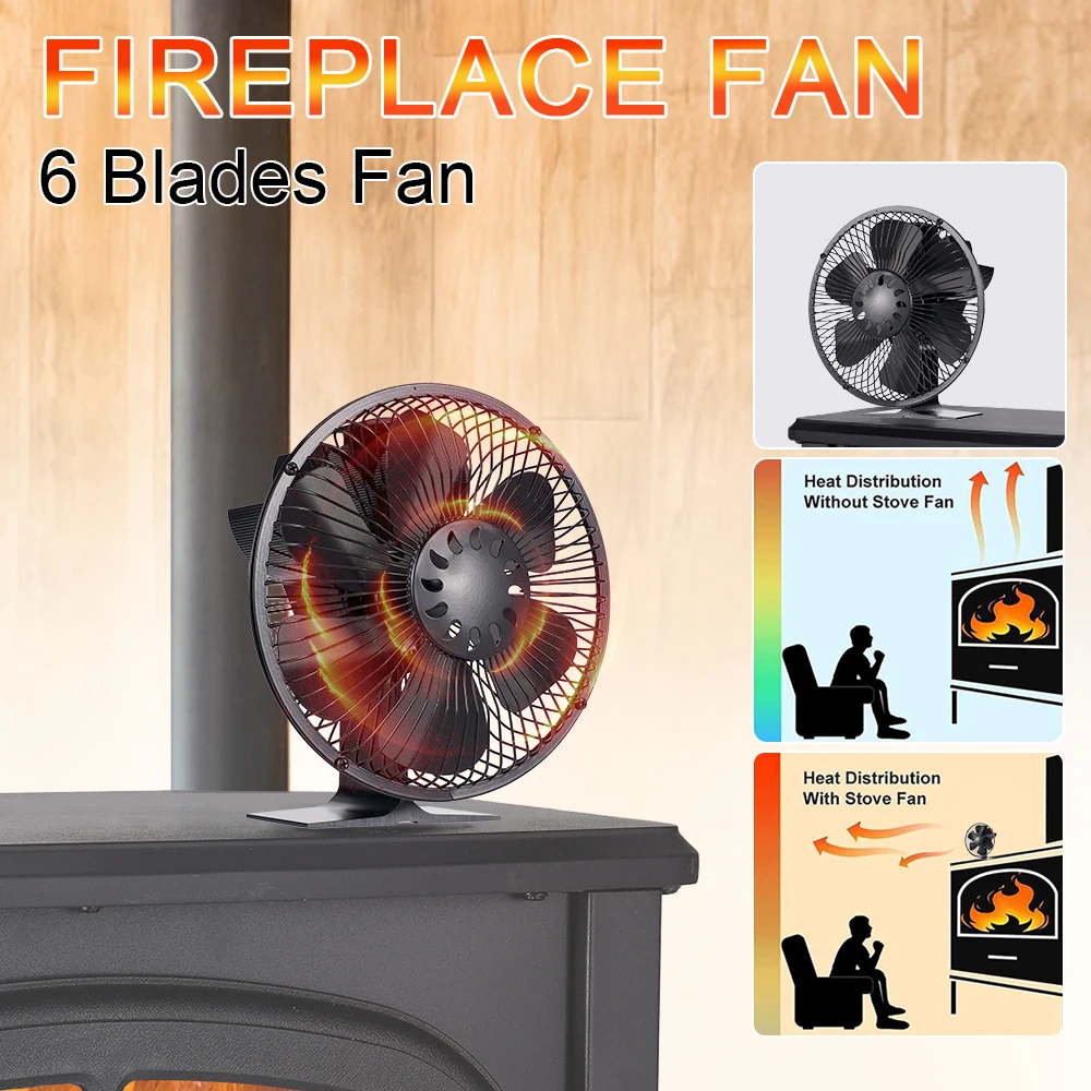 Calor alimentado fogão ventilador com tampa, queimador de madeira, eco silencioso, grande volume de ar, lareira, distribuição de calor eficiente, 6 lâminas