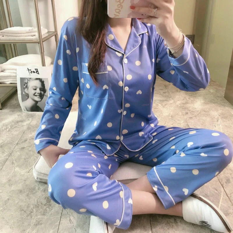 Sexy Nightwear Women Lapel Cardigan Student Homewear Two-Piece Cartoon Printing Long-Sleeved Long Trousers Ladies Pajamas Set Ca