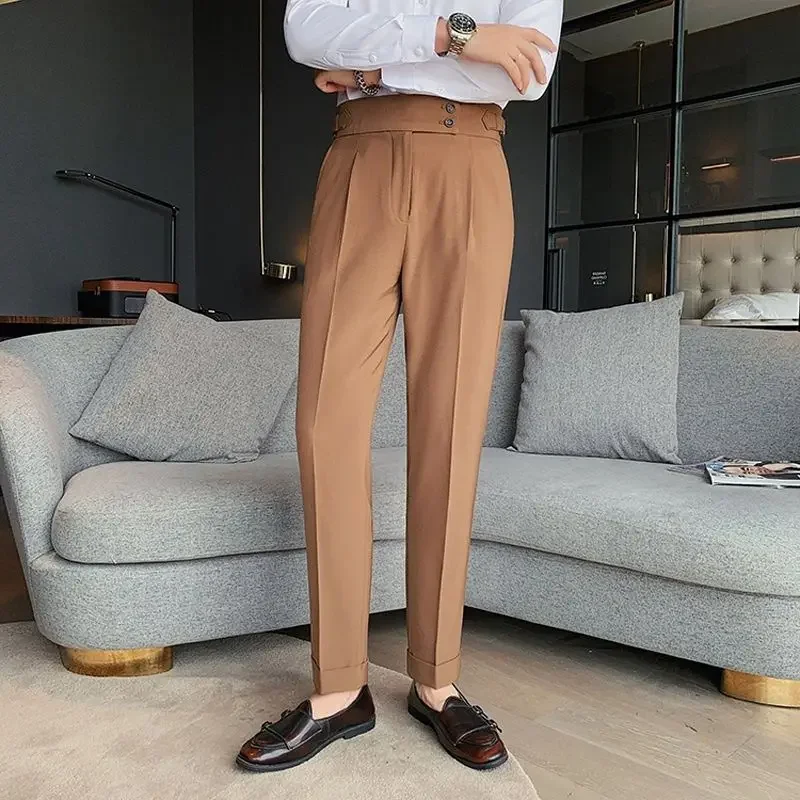 2024 Spring and Autumn Fashion Korean Edition Casual Business High Waist Button Slim Fit Straight Tube Non Iron Men\'s Suit Pants