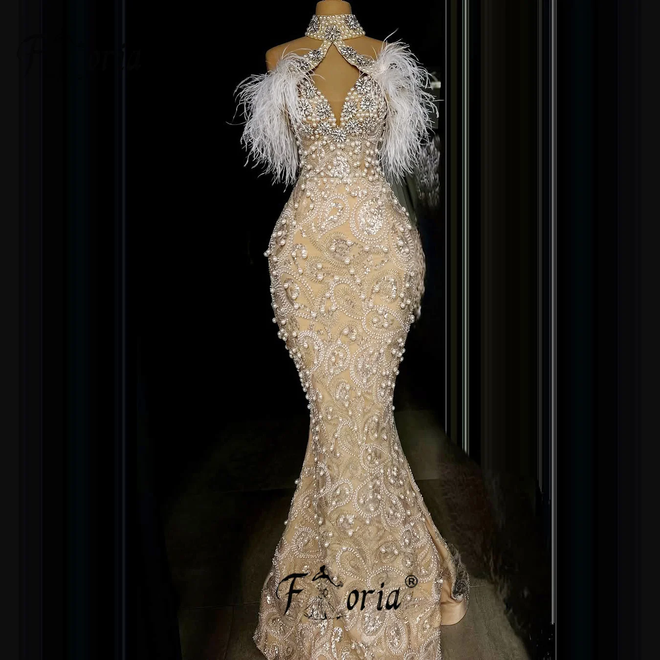 

Роскошное платье знаменитости цвета шампанского по индивидуальному заказу, расшитое бисером перья, Русалка, Дубай, свадебные платья, кутюр, полный жемчуг, Robe de Soiree