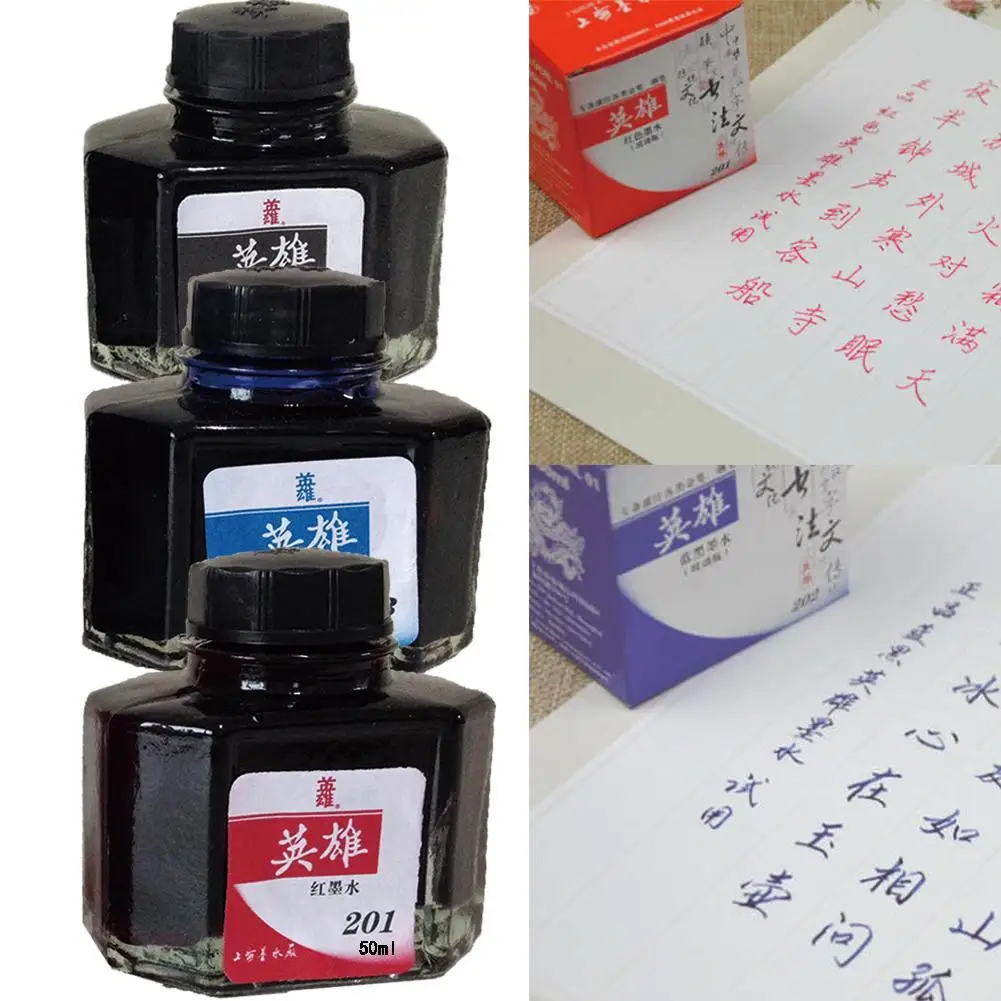 Encre de stylo en verre en bouteille pour l'écriture lisse, stylo de recharge, stylo plume étudiant, fournitures de bureau, rouge, bleu, noir, 50ml