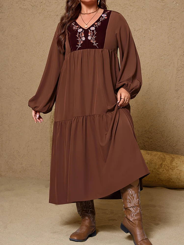 Neues Plus Size Damen-Maxikleid mit Retro-Blumendruck, V-Ausschnitt, Laternenärmel, Rüschensaum, lockeres Kleid, elegantes Urlaubs-Partykleid