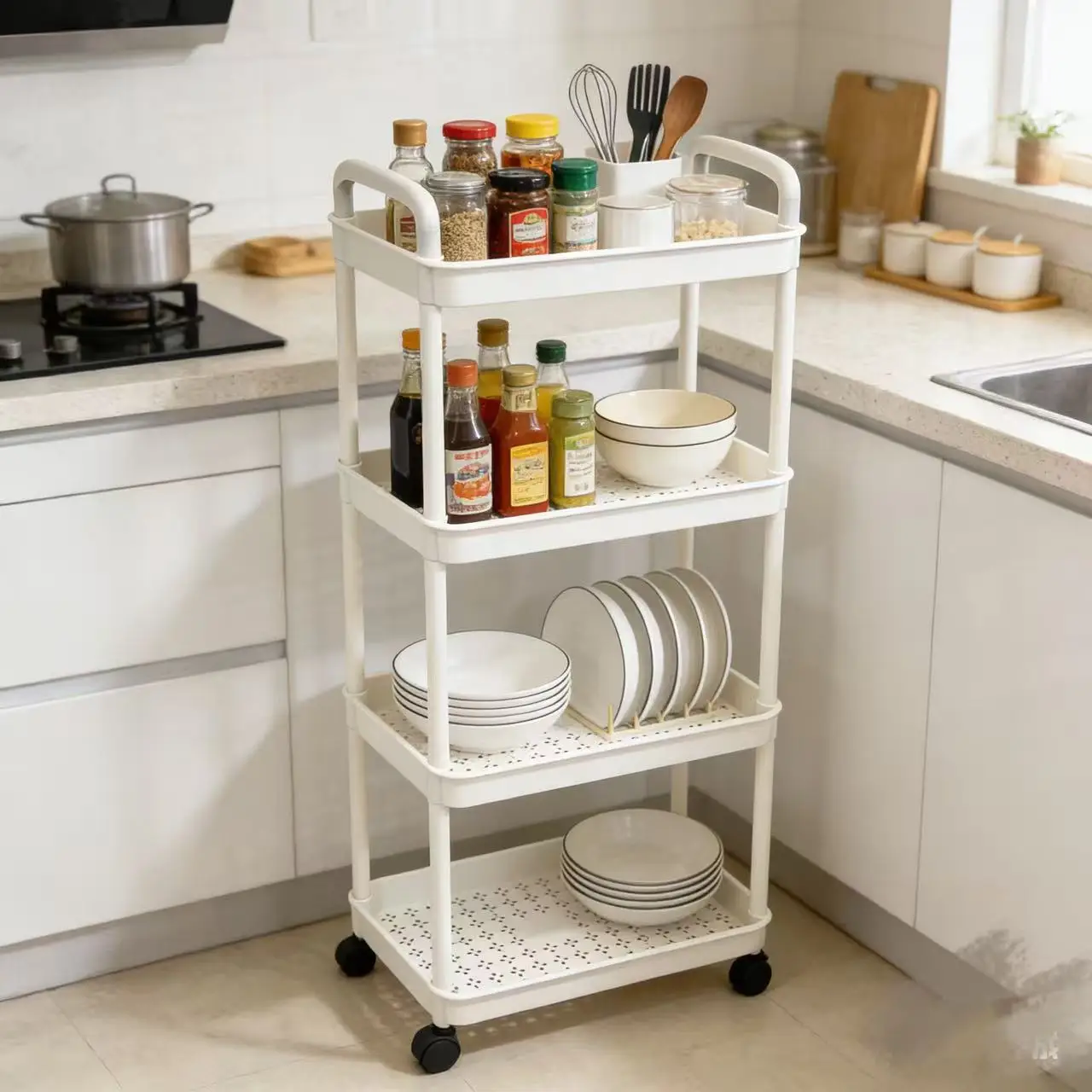 3/4/5 Tier Mobile Rolling Storage Cart Plastic Utility Organizer Shelf with Wheels for Kitchen Bathroom Bedroom Office Storage