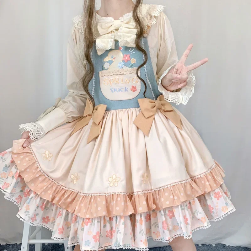 Sweet Lolita Jsk Dress Party Duck Montage Cartoon Cute Print Strap Dress Japanese Summer Girl Kawaii Party Strap Dress