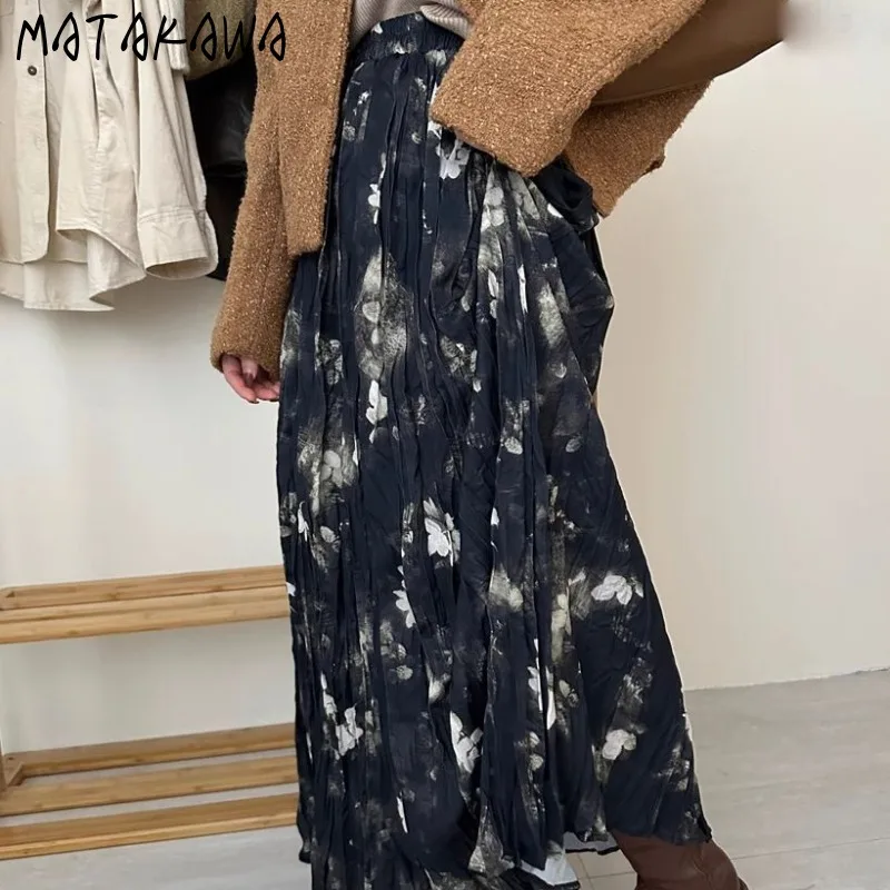 Matakawa Pleated Skirts for Women Autumn Winter Print Floral Korean Fashion Elegant Faldas Mujer Chic A-line Vintage Long Skirt