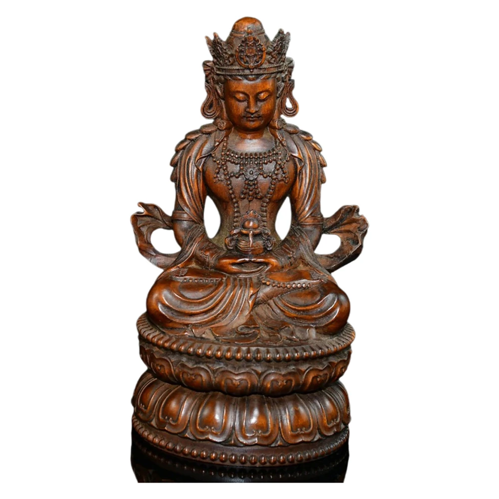 Sculpture sur bois artisanale en bois sculpté à la main Guanyin Bodhisattva Figurine Statue Sculpture bouddhiste chinoise Lotus décor Compassion
