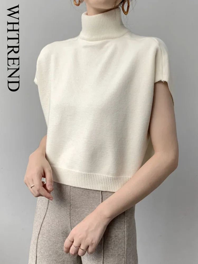 

WHTREND High Collar Knitted Sweater For Women Short Sleeves Batwing Style Loose Casual Pullover Autumn Winter New WH1258