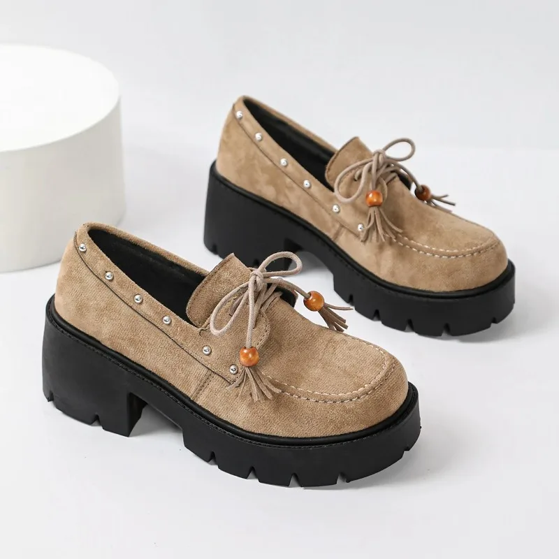 Studded Block Heel Single Shoes Fashion Round Toe Deep Mouth Platform Loafers