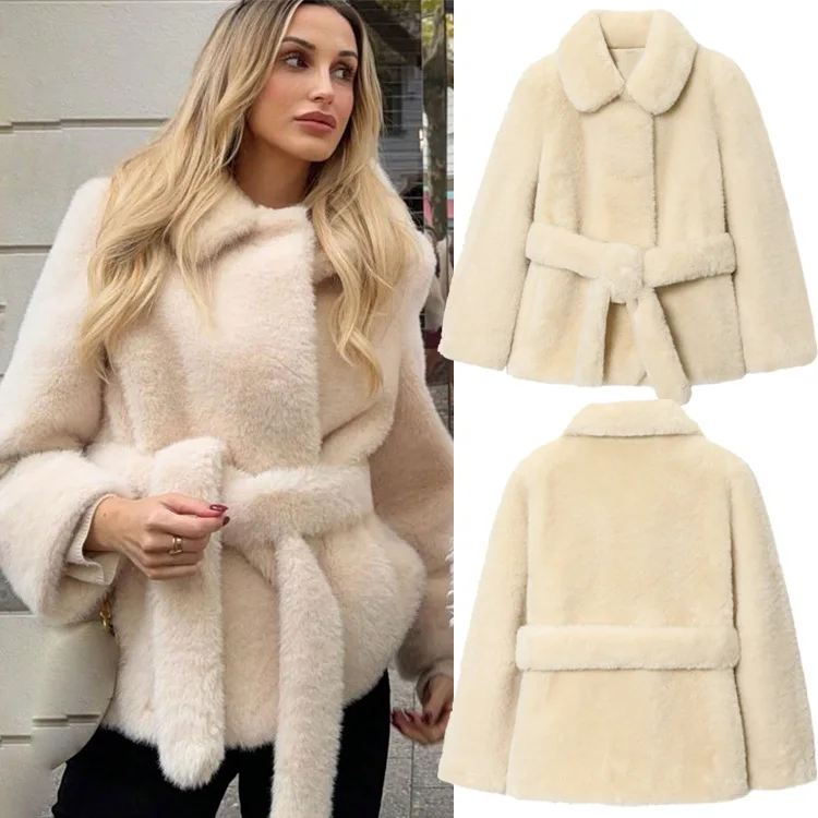 الخريف الشتاء فو الفراء معطف فضفاض حزام دافئ رقيق فو الفراء سترة الكلاسيكية الشارع نمط التلبيب أبلى الفاخرة المرأة معطف سميك #4