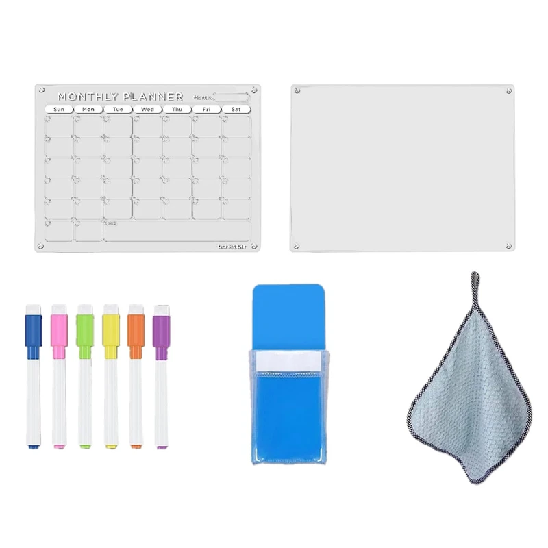 1Set Magnetic Acrylic Calendar For Fridge Clear Fridge Calendar And Memo Magnetic Planning Boards Set Pen +Towel