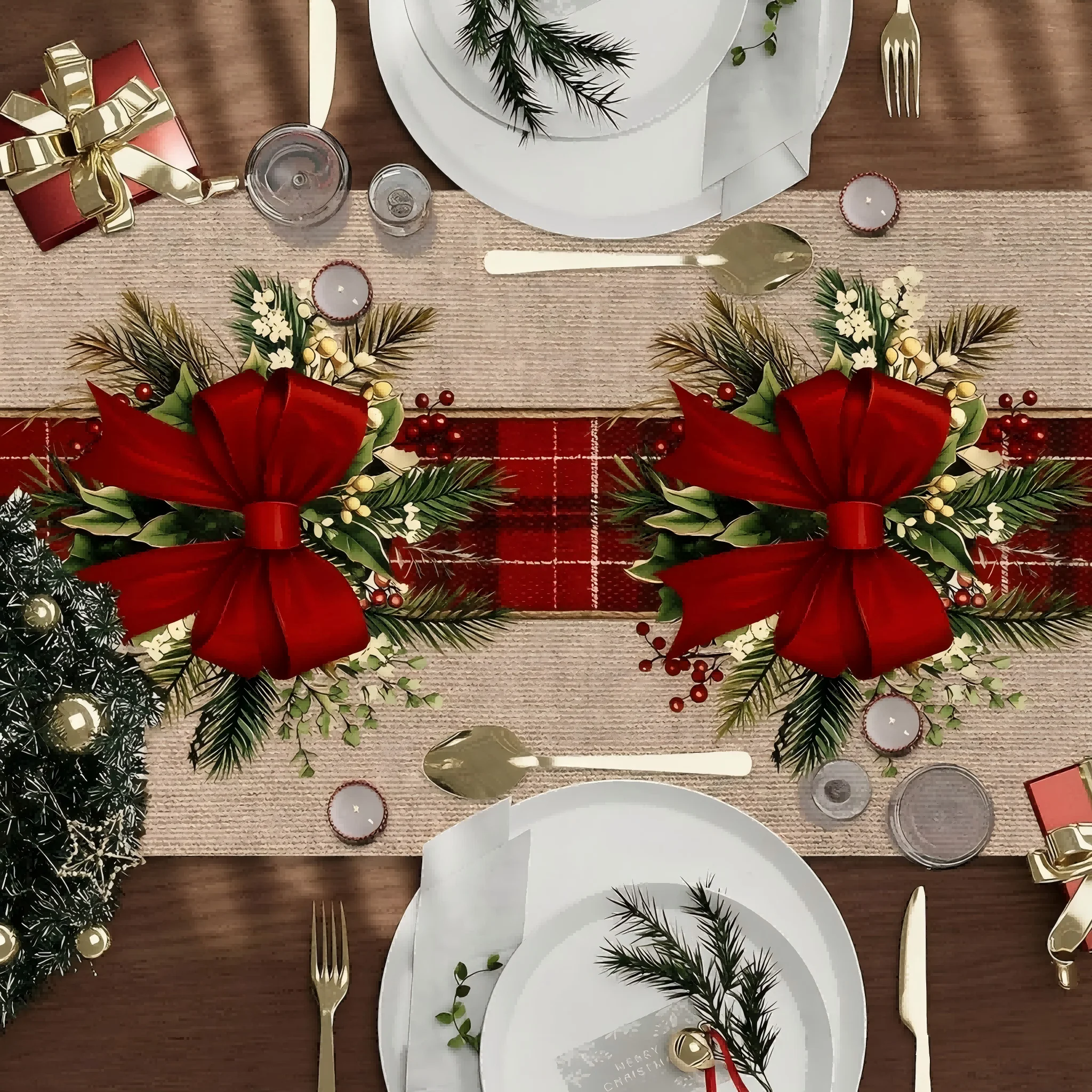 Vintage Christmas Table Runner, Burlap-Look Red Bow Pinecone Print Table Cover, Xmas Festive Decor for Holiday Dinner Party Home