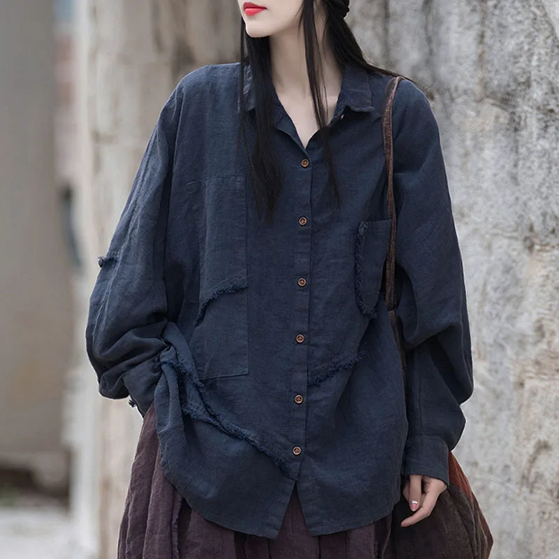 Literary Lapel Frosted Splice Raw Edge Personality Blouse Women's Oversized Ramie Long Sleeve High Low Button Shirt Autumn