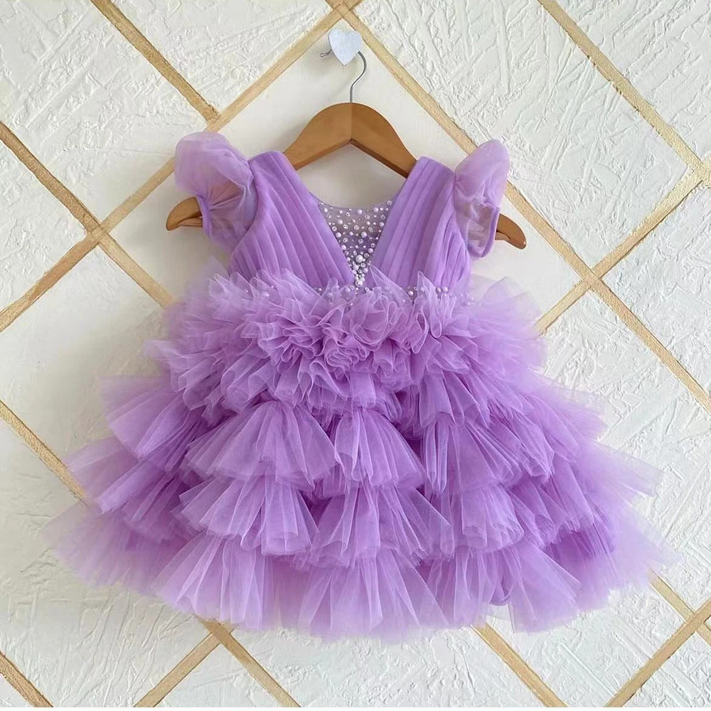 

Purple Tulle Puffy Tiered Pearls Sequins Flower Girl Dress For Wedding With Bow Kids Birthday Party First Communion Ball Gowns