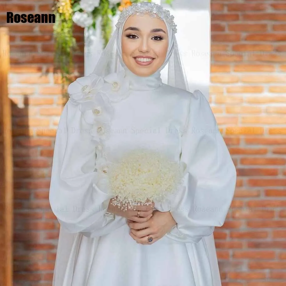 Muslim Fashion 2024 A-line Wedding Dresses Handmade Flower Full Satin Draped Pleat Belt Floor Length Bride Gown robe de mariée