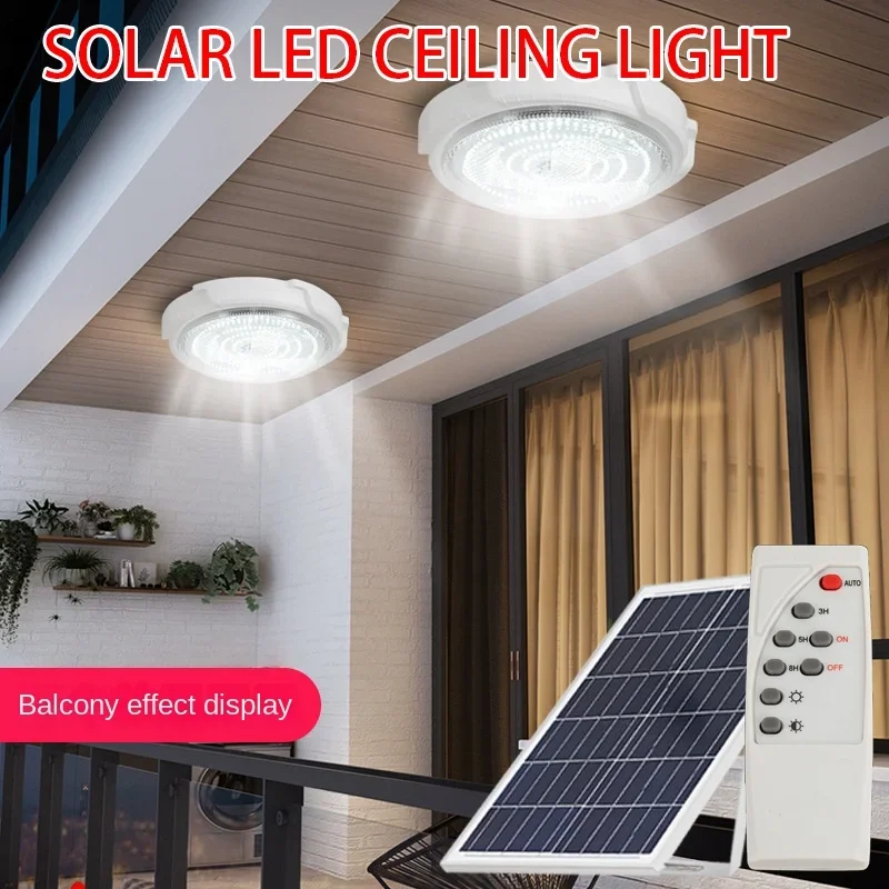 Solar impermeável LED Ceiling Light, Escurecimento Remoto, Sensor de Movimento, Adequado para Exterior, Interior, Iluminação Varanda