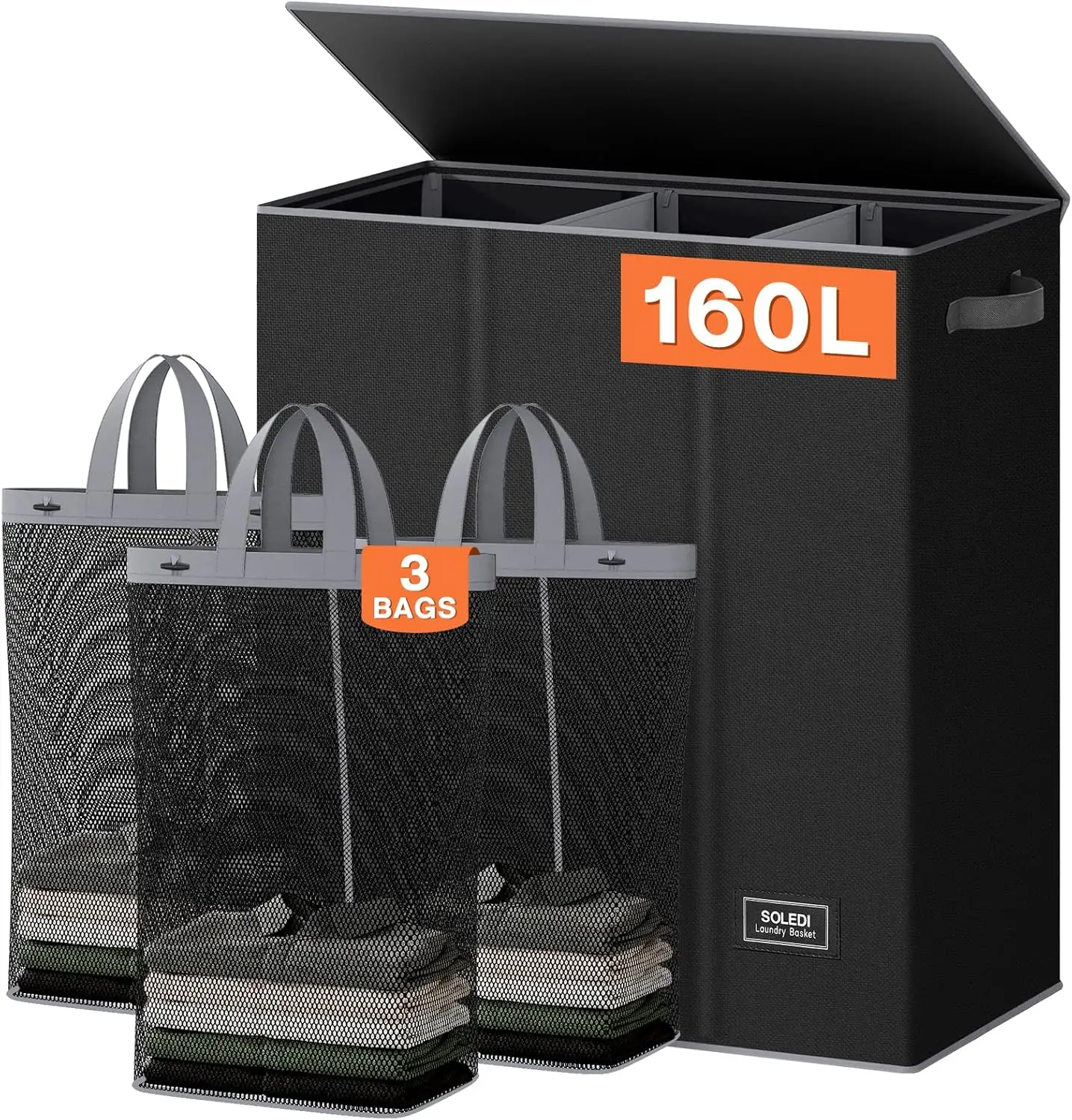 

Корзина для белья на 160 л с 3 секциями и крышкой, вместительный органайзер для одежды для спальни и прачечной