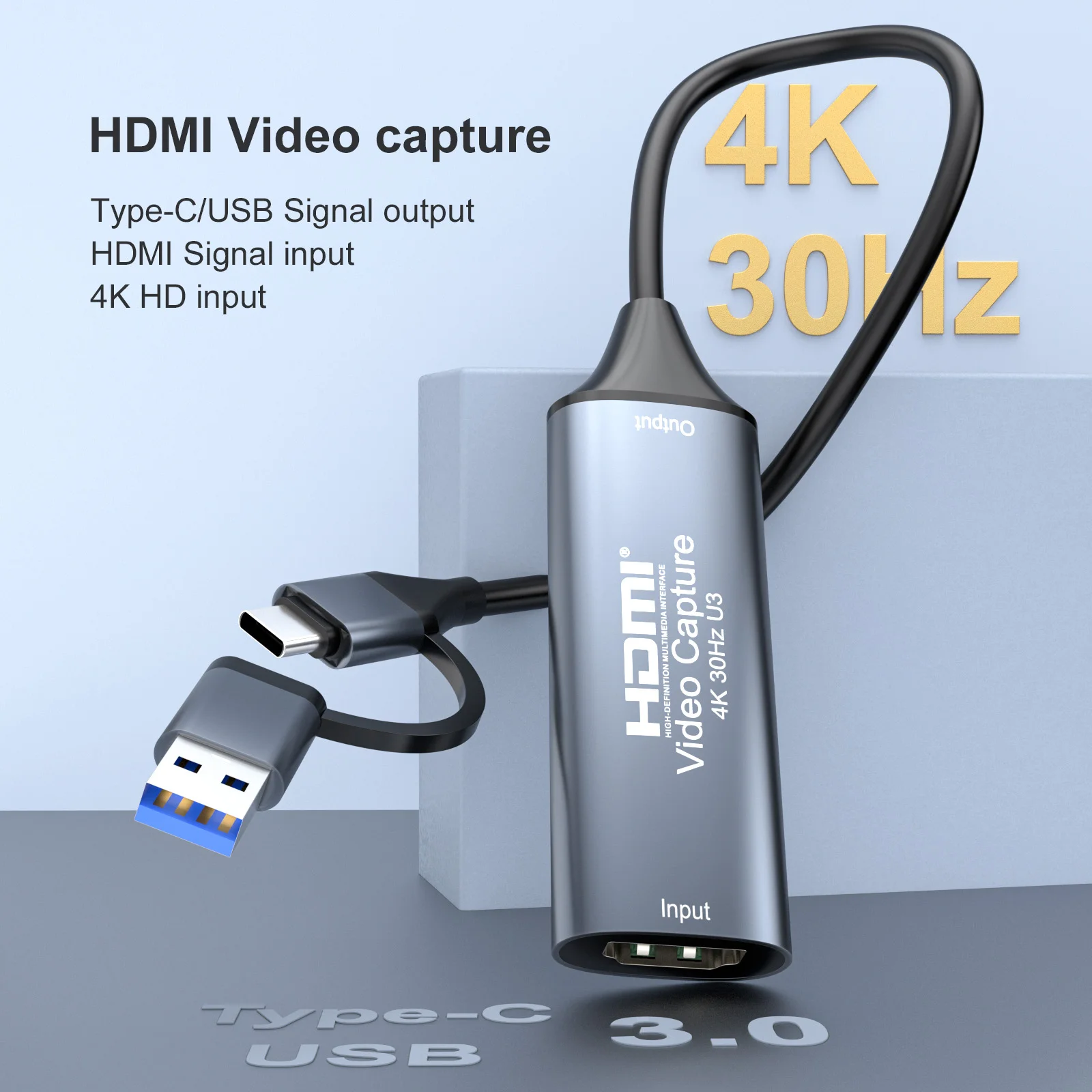 4K 30FPS HDMI Video Capture Card, USB 3.0 and Type-C for Gaming Live Streaming TV Recorder, for Windows Mac OS Android
