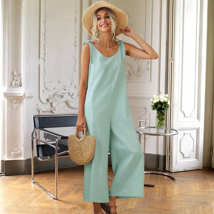 

Faionable Summer Women's Jumpsuit Belted Loose Straight Pure Color Strap Pants Cross-Border Long Pants Polyester Fabric