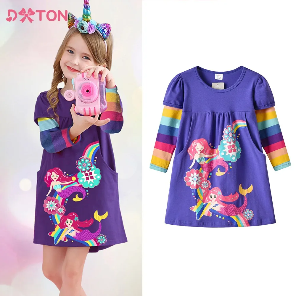 

DXTON Girls Mermaid Cartoon Dress Kids Rainbow Striped Dress Girls Flower Buttefly Cotton Vestidos for Girl Spring Kids Clothing