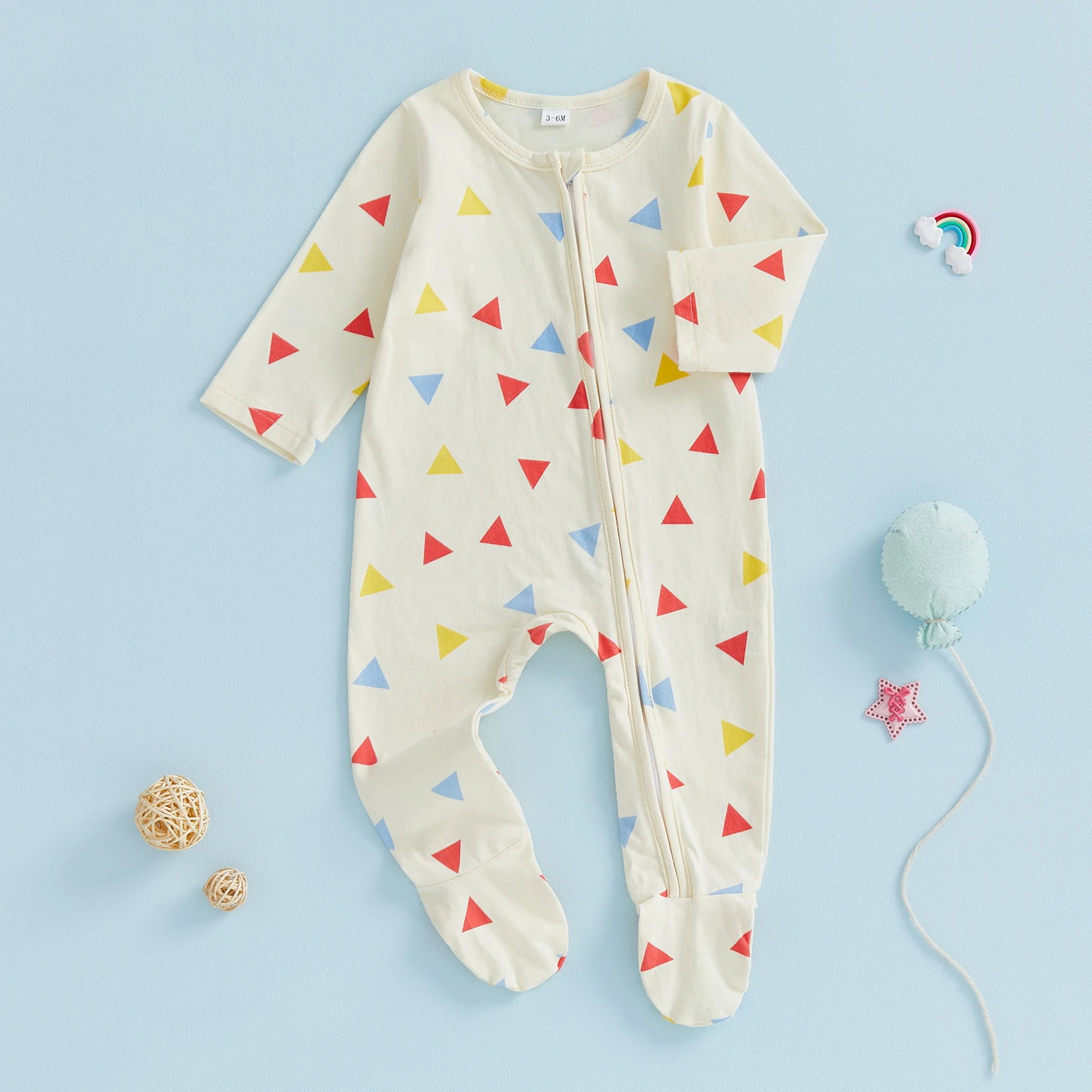 

Tregren 0-18M Newborn Baby Footies, Long Sleeve Crew Neck Triangle Print Zip Closure Fall Jumpsuit Clothes for Infant Boys Girls