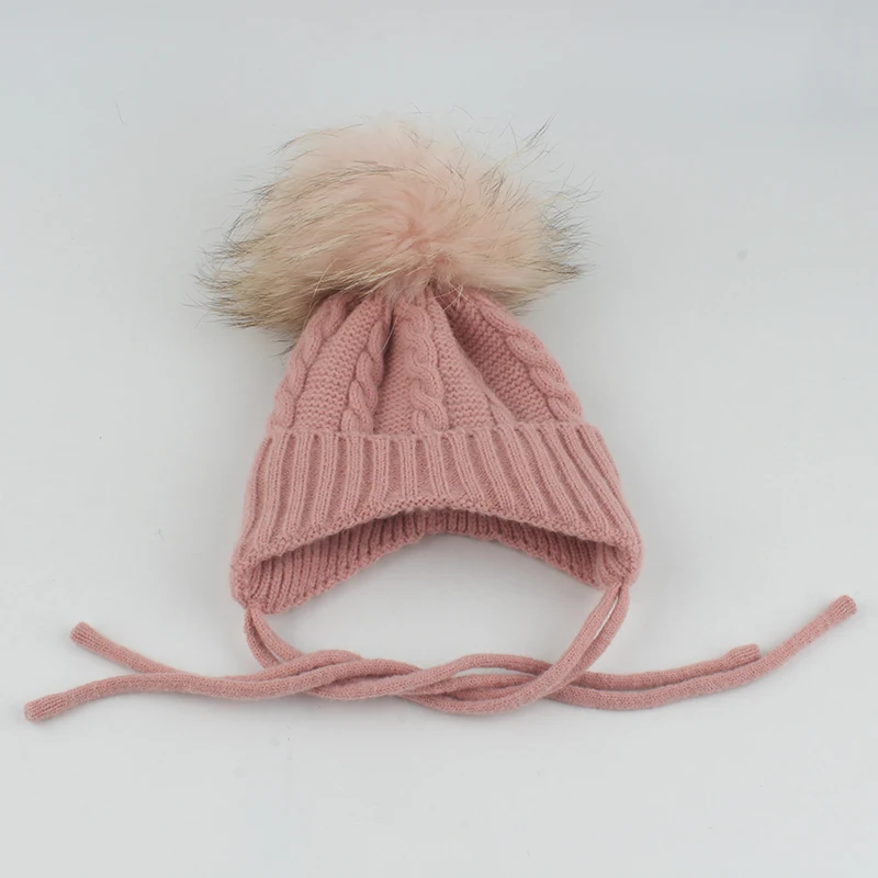 Real Fur Pompom Baby Hat Kids Winter Earflap Cap Fleece Inside Warm Knitted Skullies Beanies For Girls Boys