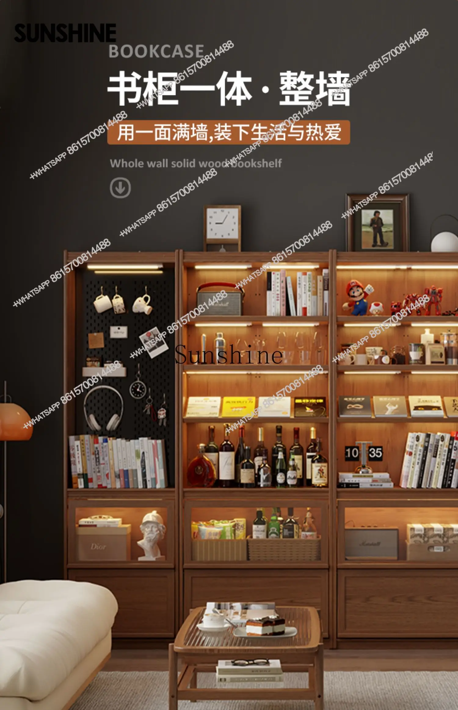 

Книжный шкаф для гостиной интегрируется с всей стеной, высококачественный новый китайский стиль в стойку, полный настенный книжный шкаф из массива дерева.