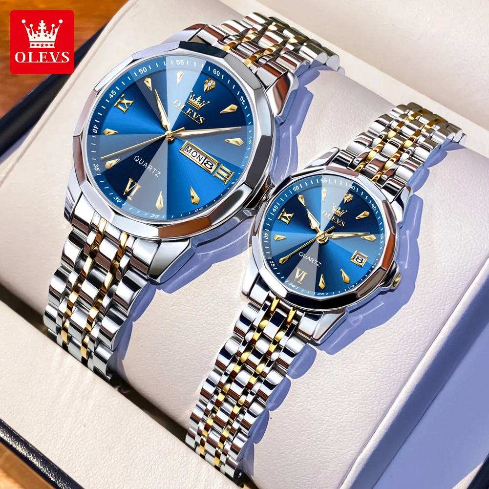 OLEVS 9998 Couple Watches Luxury Original Quartz Fashion Brand Waterproof Luminous Wristwatch Calendar Window Design For Couple