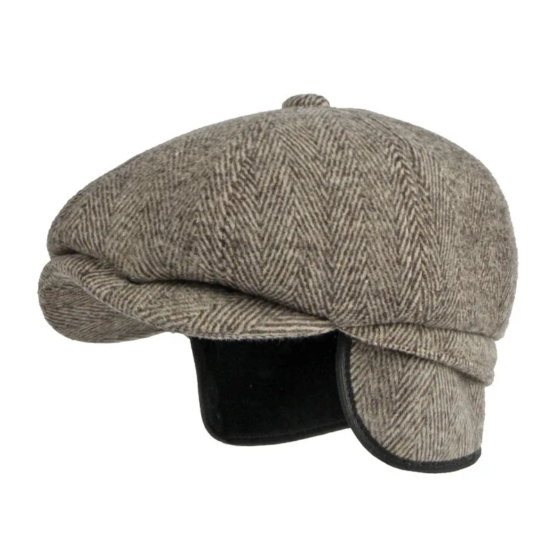 Autumn Winter Ear Protection Warm Newsboy Cap Men Beret Women Peaky Blinders Vintage Thicken Dad Hat Male Horn Woolen Boina A74