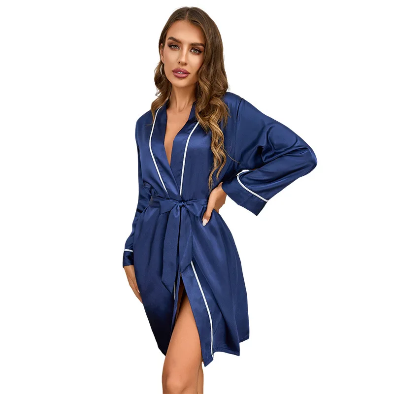 Summer Sexy Womens V-Neck Sexy Silk Robe With Belt Short Satin Kimono Robe Sleepwear Bathrobe Bridesmaid Party Dressing Gown