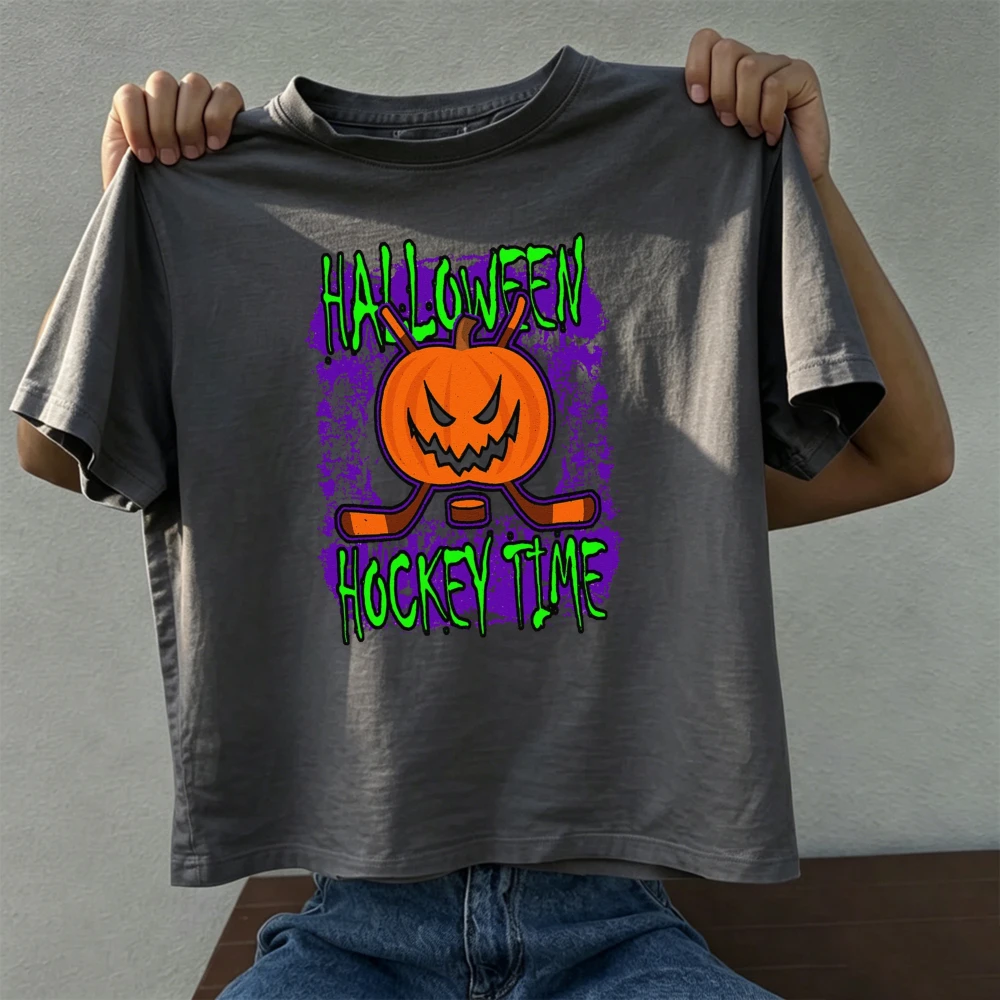 Retro Halloween Hockey Time Spooky Pumpkin Sticks Graphic Cotton Short Sleeve T-Shirt Autumn Winter Sports Gift US Men Women Top