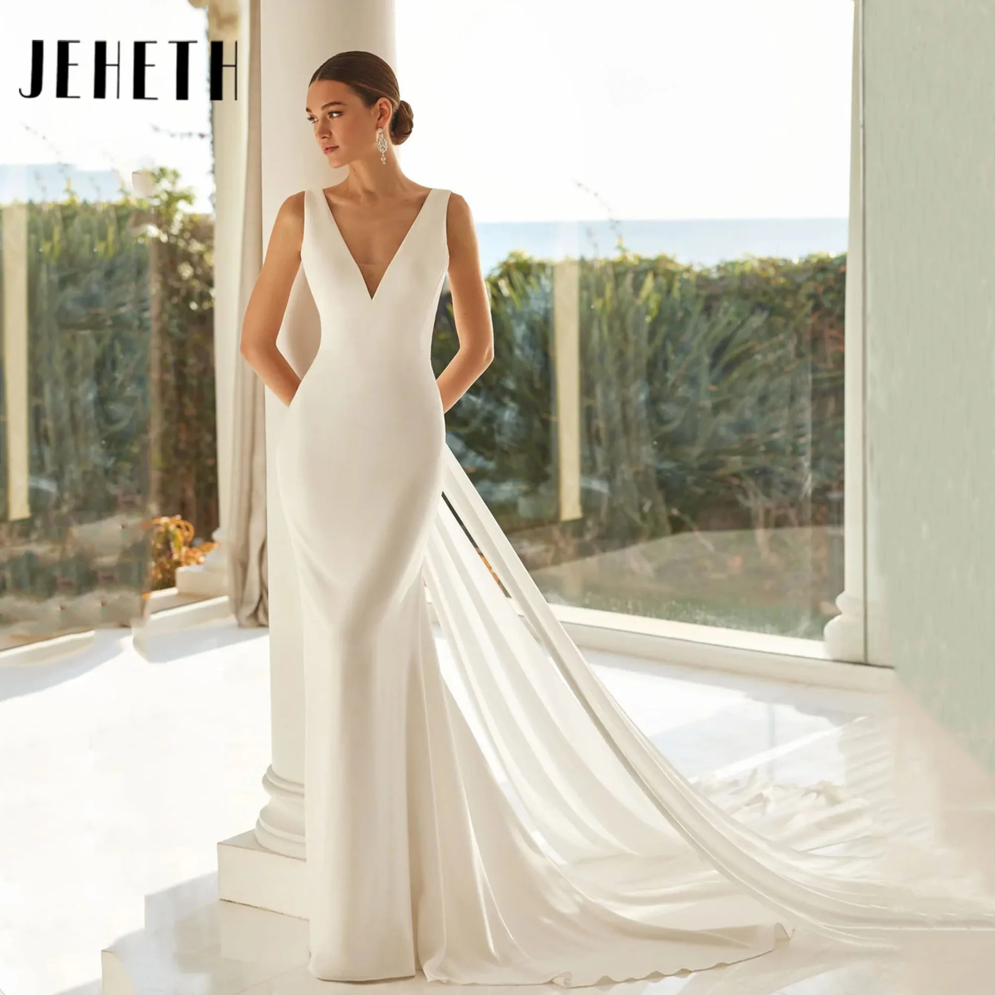 

Spaghetti Strap Wedding Dress Train Mermaid Customized Brides Gown Elegant Blackless Sleeveless V-Neck Vestidos De Novia JEHETH