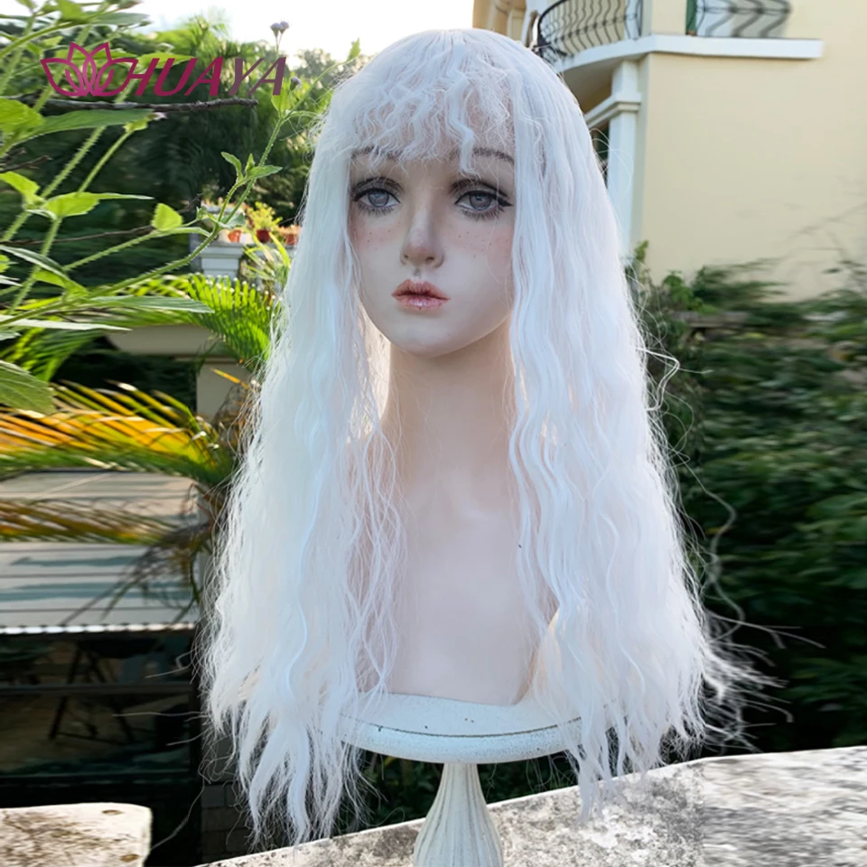 HUAYA Synthetic White Long Wave Curly Wigs for Women Natural Wave Wigs with Bangs Heat Resistant Cosplay Hair