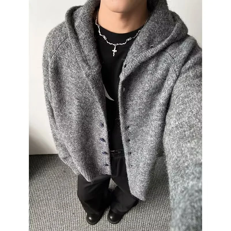 

Loose Fit Men's Hoodie Knitted Cardigan Sweater Large Size 250 Pou ey Color Polyester Fiber Winter Season Casual Sle
