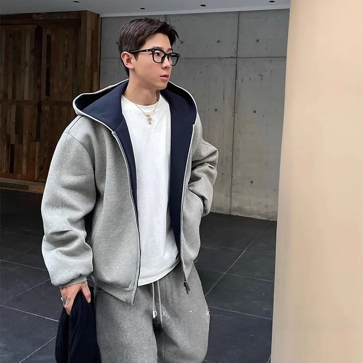 

Heavyweight Men's Oversized Hoodie Cardigan Casual American Sle Contrast Color Blo Streetwear Jaet Trendy Outerwear