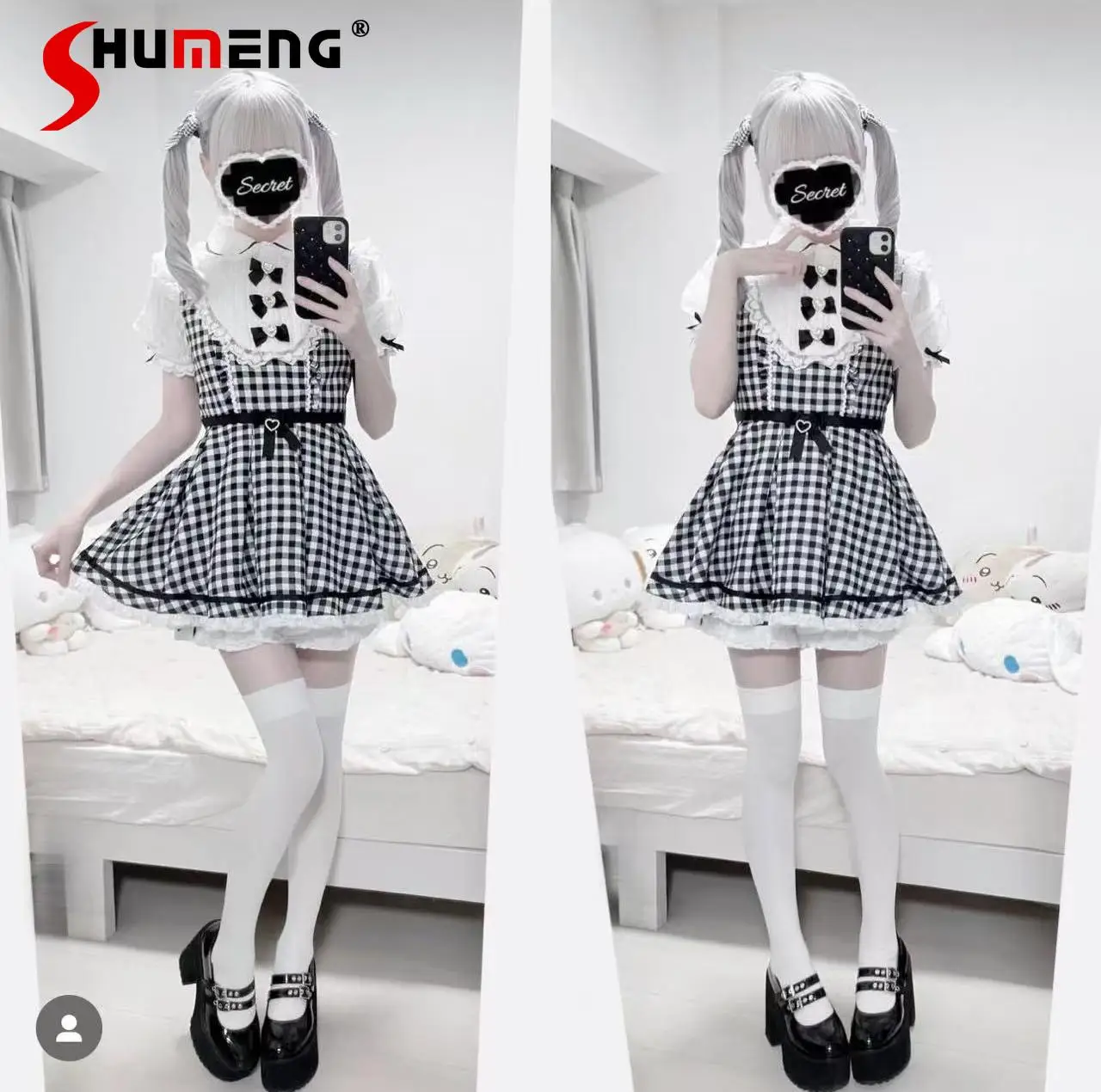 

Japanese Sweet Cute Doll Collar Short Sleeve Lace-Up Bow High Waist Plaid Dress High Waist Shorts Lolita Two-piece Sets Women
